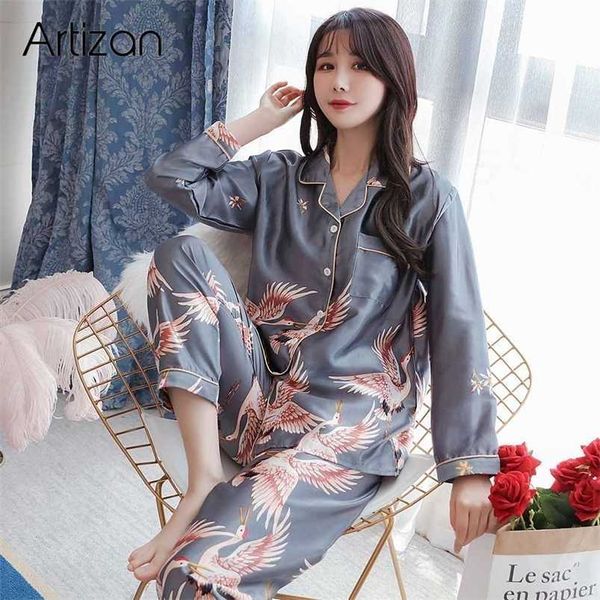 Silk PJS para mulheres cetim pijama pijama conjunto de manga longa casual sleepwear nightwear confortável animal loungewear cetim m-5xl 211103