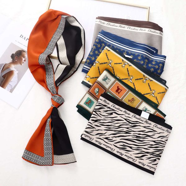 

scarf long silk women's spring and autumn black white thous bird lattice double-sided printing imitation decorative bage, Blue;gray