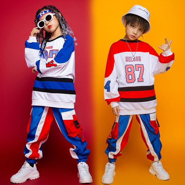 

children's t-shirts jazz hip hop dance costumes streetwear sports teenage boys girls t-shirt cargo pant tracksuit for kids tees, Blue