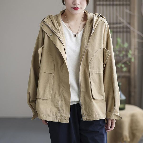 

women's jackets fairynatural autumn spring hooded yellow coat 2021 female zipper casual retro women loose basic coats solid color, Black;brown