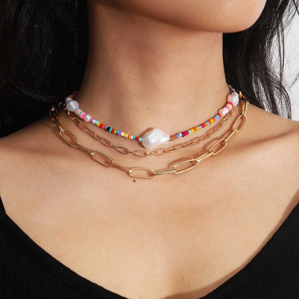 

fashion creative jewelry personality exaggeration rice bead multi-layer neck chain national style pearl neckla, Silver