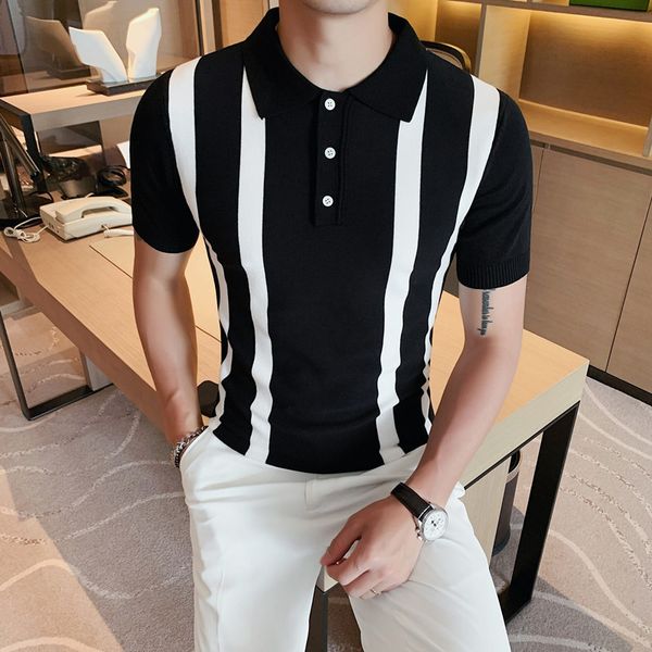 

men's polos british style summer ice silk short sleeve striped polo shirts men clothing 2021 simple slim fit casual knitted tee sh, White;black