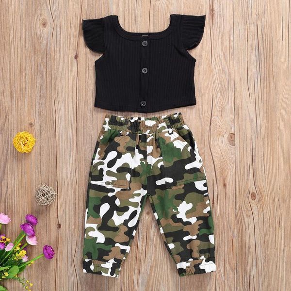 

clothing sets fashion little girls clothes black short sleeve single-breasted t-shirt and elastic waist camouflage pattern long pants, White