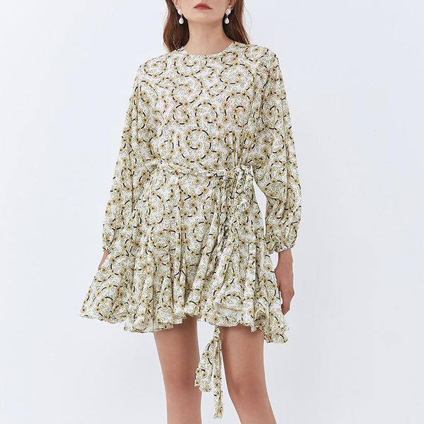

australian fashion brand autumn 2021 fashion temperament celebrity print lace up heavy industry irregular hem dress, Black;gray