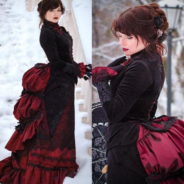 

vintage gothic black and red victorian wedding dress with long sleeve jacket 2022 floral bustle ruched skirt lace-up corset autumn winter br, White
