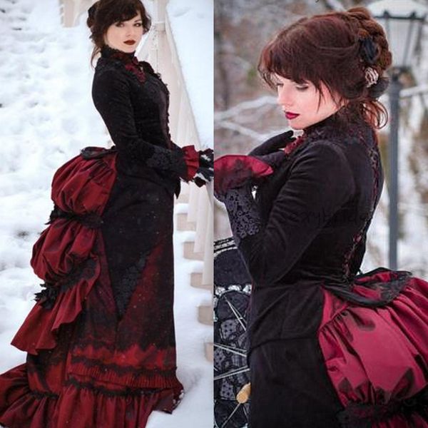 Abito da sposa vittoriano vintage gotico nero e rosso con giacca a maniche lunghe 2022 Trambusto floreale Gonna arricciata Corsetto con lacci Autunno Inverno Abiti da sposa Abiti da sposa