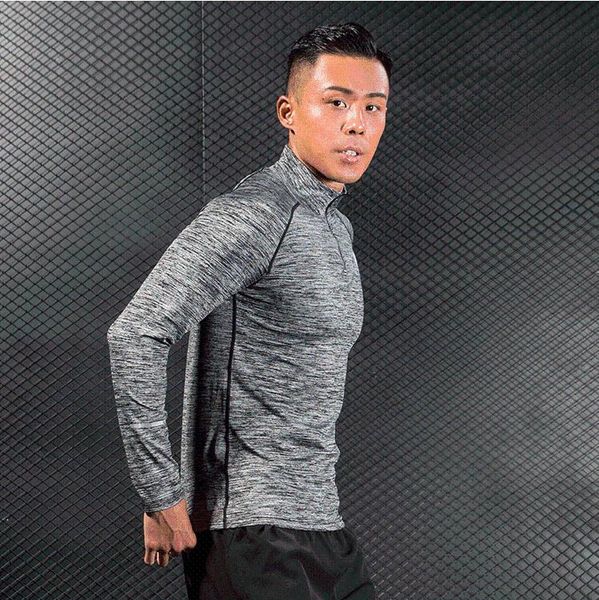 

gym clothing quick dry men's long sleeve t-shirts sweatshirt training exercise running shirt fitness tight zipper sportswear, White;black