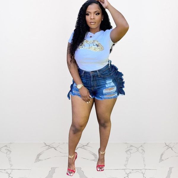 

women's jeans 2021 summer fashion casual high waist zipper ripped straight short for women, Blue