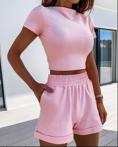 

hirigin women ladies two piece set summer short sleeve crop shorts solid casual ensemble femme women two piece outfits, Gray