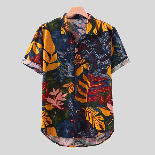

men summer linen shirt beach style leaves printed hawaiian shirts casual short sleeve turn down collar blouses camisa homme, White;black