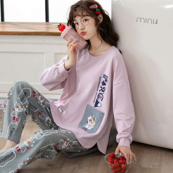 

pajamas female spring and cotton long sleeve student cute korean summer autumn winter can be worn out of home casual suit, Black;red