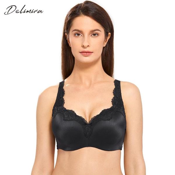 

delimira women's full coverage smooth t-shirt bra plus size underwire lightly padded no show supportive lace bras, Red;black