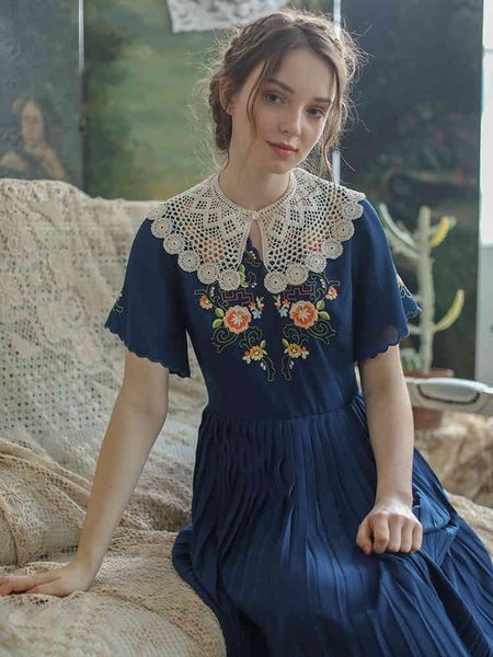 

casual dresses summer women original design vintage elegant midi retro embroidery loose navy blue chiffon long pleated o80x, Black;gray