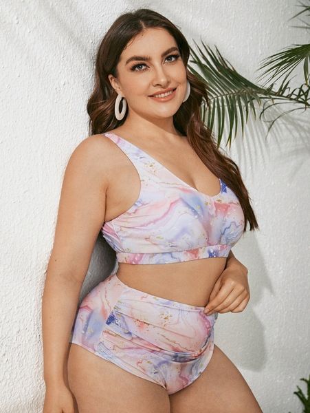 

plus marble print ruched bikini swimsuit p8yw#, Black