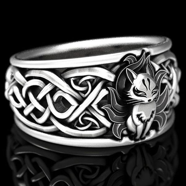 

viking gothic ring vintage fine silver color nine tailed fox ring for women men steampunk party halloween jewelry gifts c3