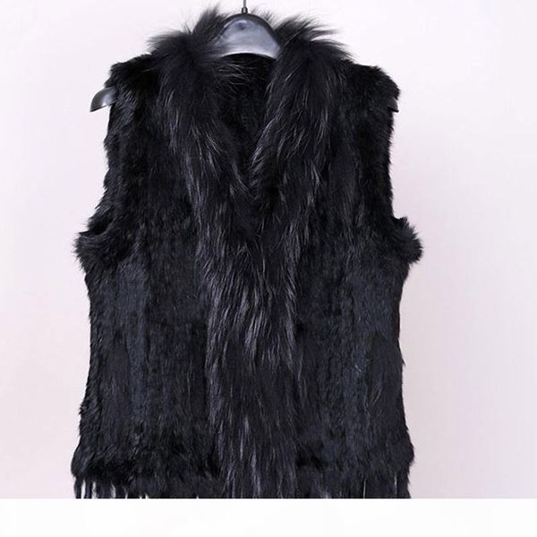 

women's natural real fur vest with raccoon fur collar waistcoat jackets rex knitted spring winter, Black