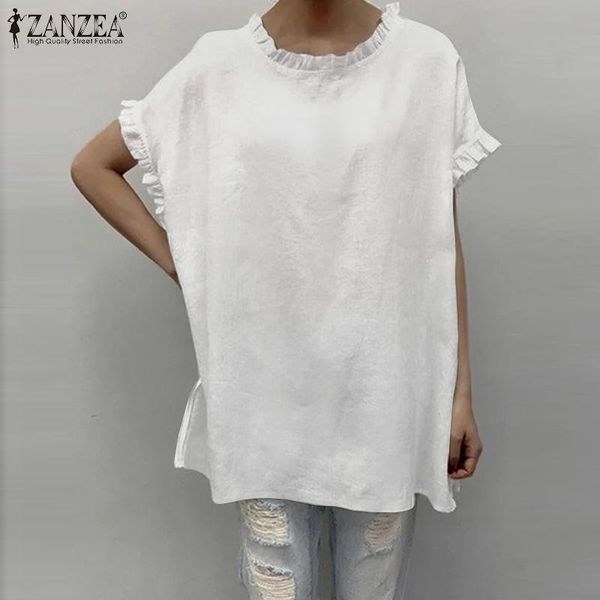 

women's blouses & shirts zanzea fashion women o neck short sleeve solid shirt elegant ruffles blouse summer tunic loose casual chemise, White