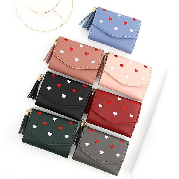 

women clutch wallet hasp card wallets pu leather purse 3 fold money bag hearts lady short holder, Red;black