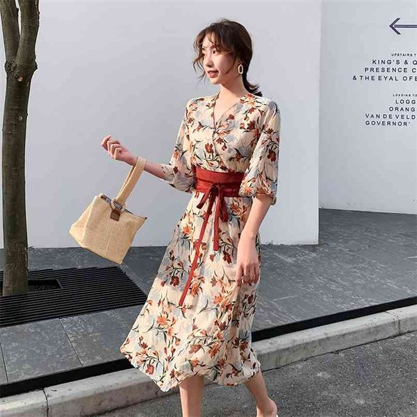 

elegant printed belt dress women chiffon long beach loose half sleeve v-neck a-line party vestidos de fiesta 210601, Black;gray