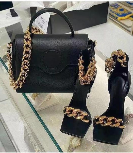 

runway stilettos sandals women real leather narrow band gold metal chain ankle strap sandalias high heel elegant banquet zip shoes good qual, Black