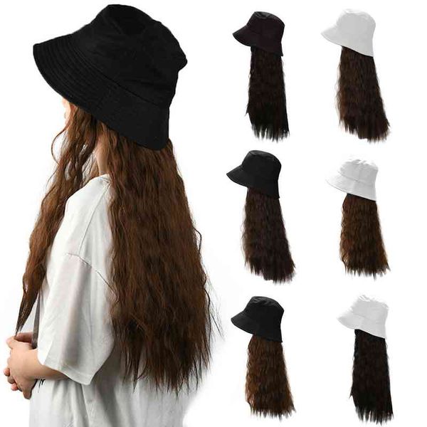 2021 Женская рыбака с волной Кудрявый стиль Регулируемый парик прикрепленный длинные волосы мода многофункциональный пляж шляпа