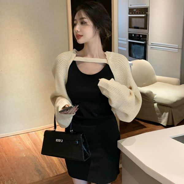 

gentle style apricot shawl women autumn long-sleeved sweater cardigan jacket 2021 new ultra short outer wear wrte, White;black