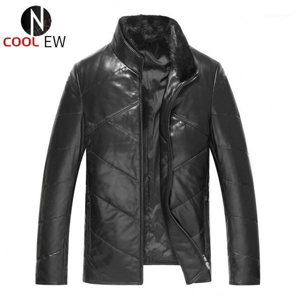 

men's leather & faux brand sheepskin down coat men slim short genuine jacket stand collar winter fleece warm casual outerwear plus size, Black