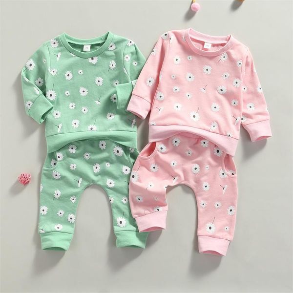 

clothing sets 2021 baby boys girls fashion clothes flower pattern long sleeve sweater + elastic waist pants set toddlers infants outfits, White