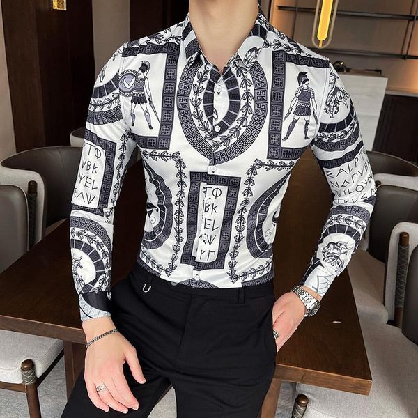 

men's casual shirts 2021 brand long sleeve slim shirt vintage print streetwear social office blouse male business dress, White;black
