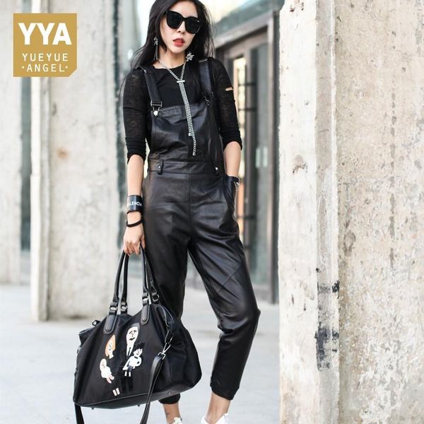 

women's jumpsuits & rompers autumn womens casual buckle sling leather jumpsuit for women plus size ankle-length pants slim black sheeps, Black;white