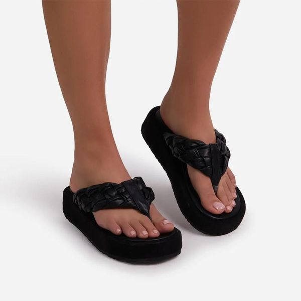

slippers woman platform pleated weave flip flop 2021 slides summer beach flat female casual shoes ladies big size footwear, Black