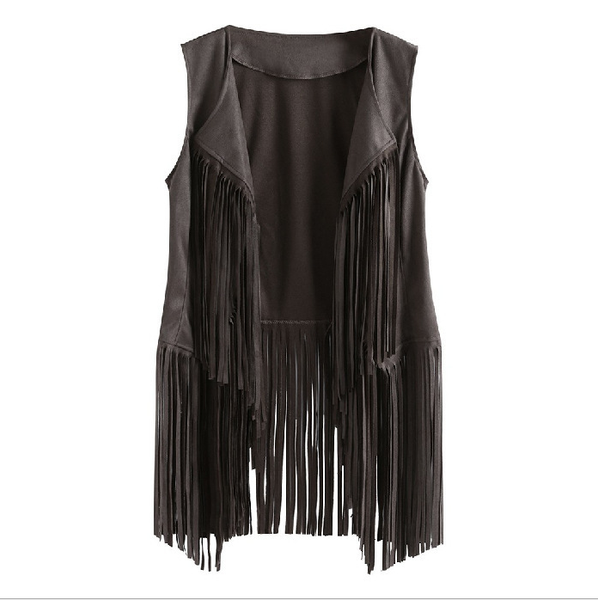 

women's vests fringed vest jacket fashion fall winter suede ethnic sleeveless cardigan vintage faux tassel coat gray, Black;white