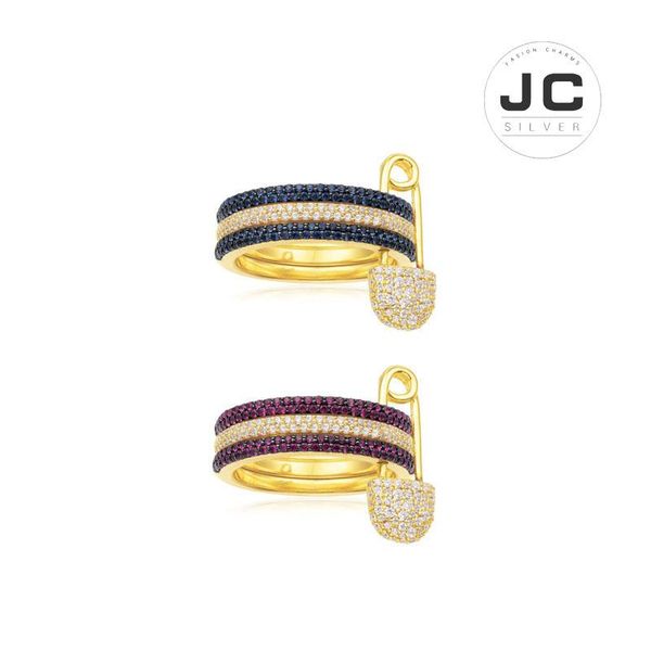 

wedding rings fashion charms silver 925 original copy jewelry,yellow safety pin trio ring with blue stones for women mono logo, Slivery;golden