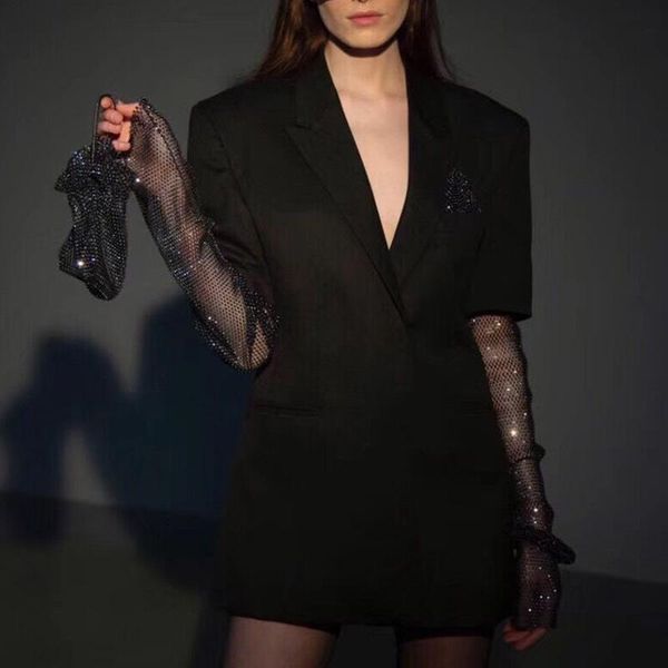 

women's suits & blazers women 2021 autumn fashion diamonds mesh long sleeve splicing midi black suit coat office lady donsignet, White;black