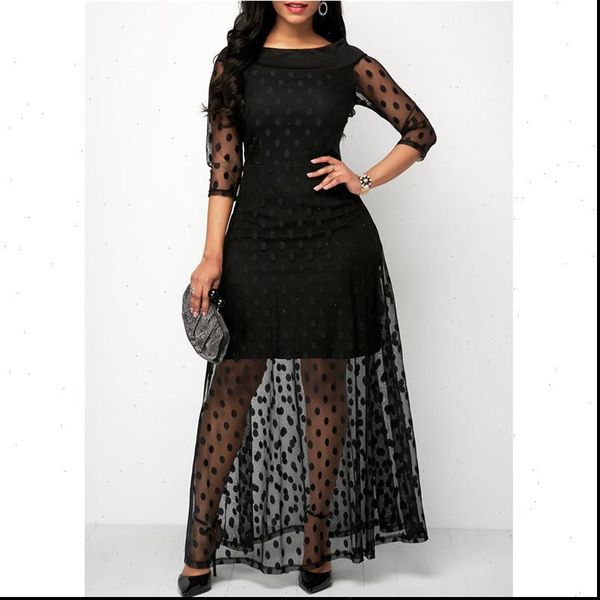 

plus size dress seven quarter sleeve polka dot mesh boho women party maxi 2021 summer vestidos de verano elbise, Black;gray