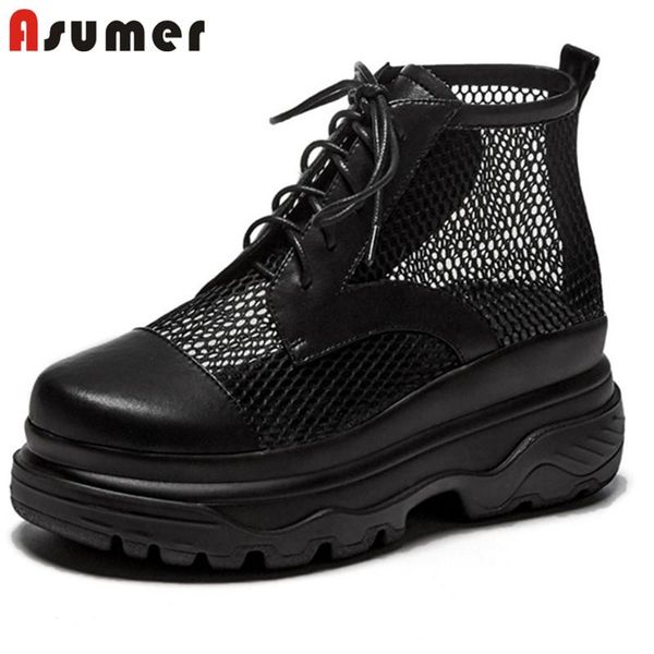 

boots asumer 2021 flat platform women punk summer casual shoes lace up fashion genuine leather mesh ankle ladies, Black