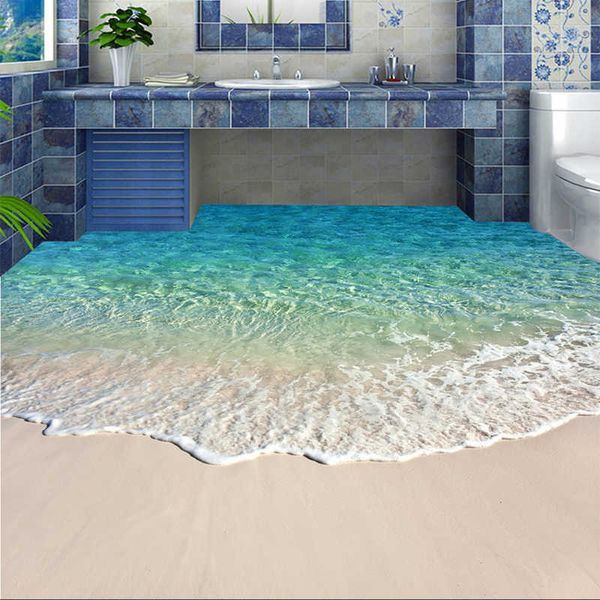 Benutzerdefinierte selbstklebende Bodenwandbild Po-Tapete 3D-Meerwasser-Wellen-Bodenbelag-Aufkleber Badezimmer tragen rutschfeste wasserdichte Wandpapiere 210722