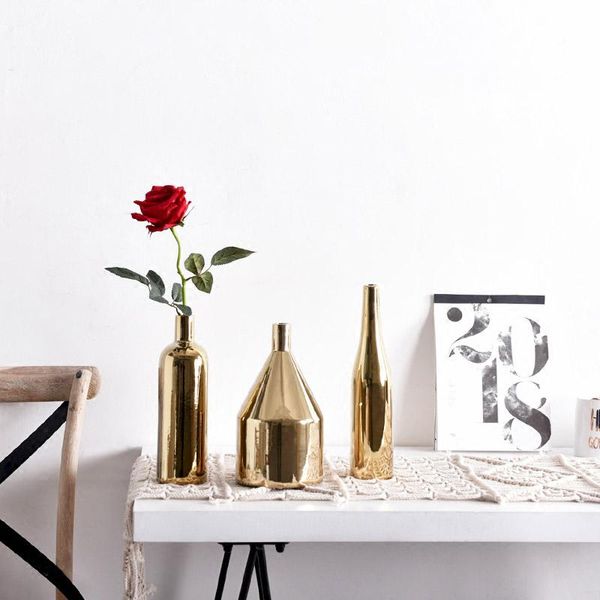 

vases nordic luxury golden ceramic flower vase retro gold plating crafts desk decorations ornaments living room pot