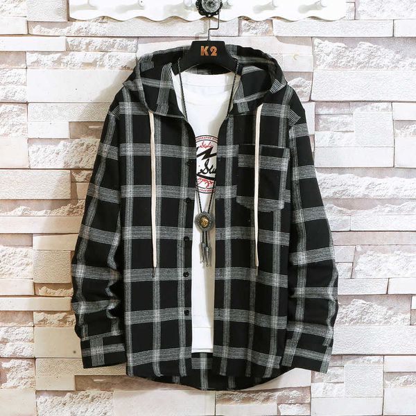 

plaid style autumn spring 2021 with hoodie mens hip hop punk shirt flannel casual fashion clothesy2d4, White;black