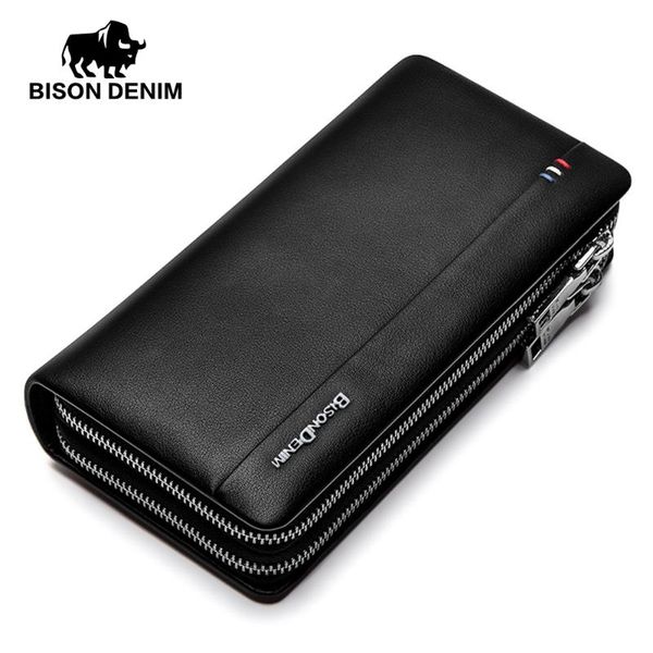 

wallets bison denim fashion luxury men genuine leather large capacity long double zipper male clutch purse brand wallet, Red;black