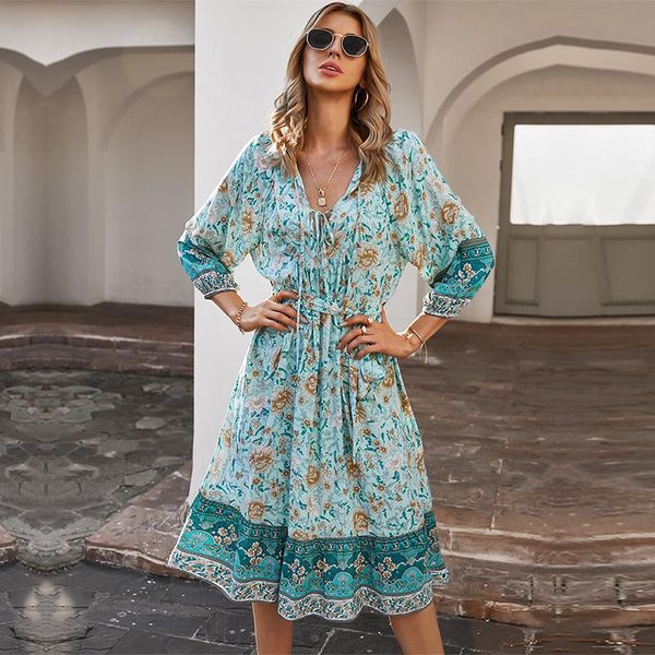 

2021 spring new vingate print dress women bohemian lantern sleeve high waist bandage dress for women summer chiffon, Black;gray