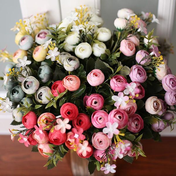 

13heads european silk bud rose pink artificial flowers bouquet vase for home decoration wedding retro fake flower