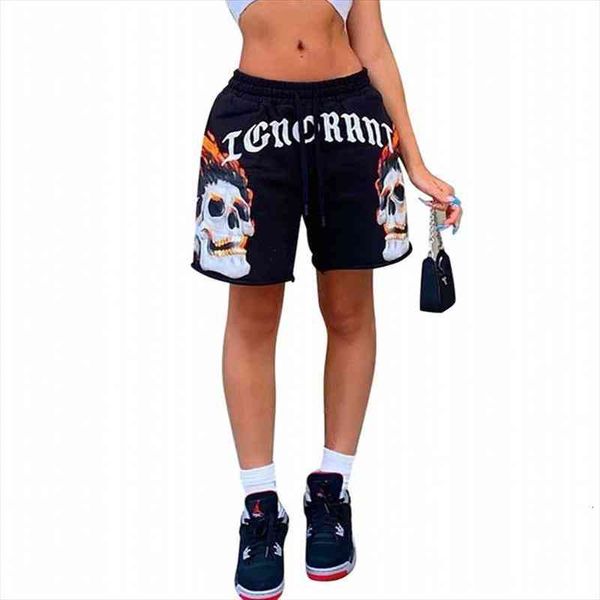 

drawstring shorts women mid waist loose black sweatpants summer fashion skull print street punk style hip hop short pants, White;black
