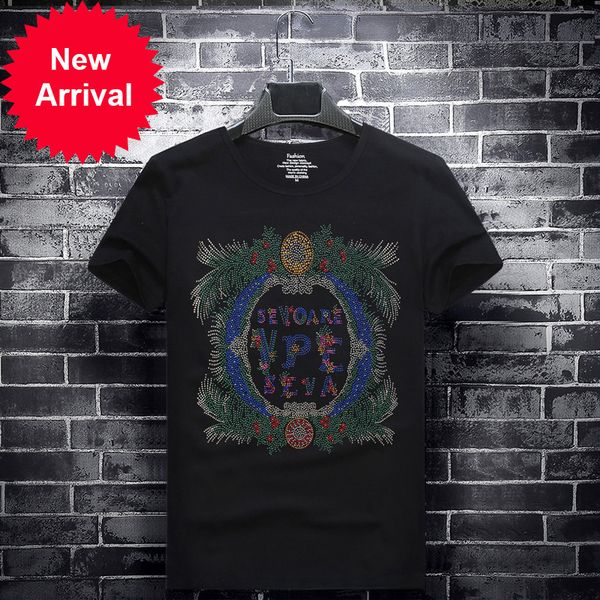 

2021 Floral Strass T-shirts Men Fashion Clothes Streetwear Short Modal Neck Thin Cotton Tshirts, White;black