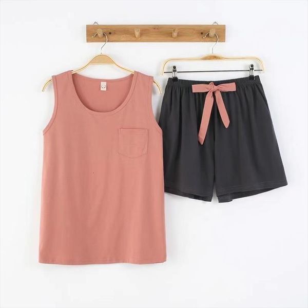 

4xl large size womens sleepwears summer cotton girl pajamas set 2 piece sleeveless sleepwear nightwear sport outfit korea, Black;red