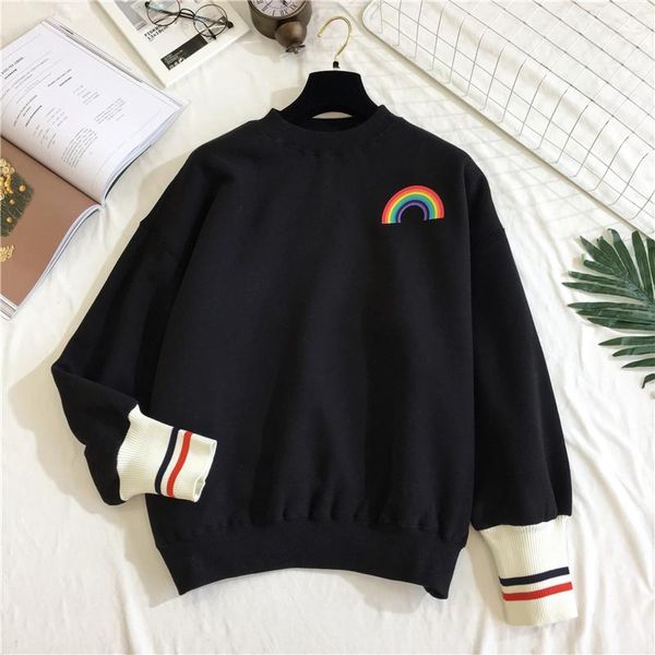 

women's hoodies & sweatshirts sweet print women hoodie loose o-neck pullover chic rainbow casual long sleeve thick warm female sweatshi, Black