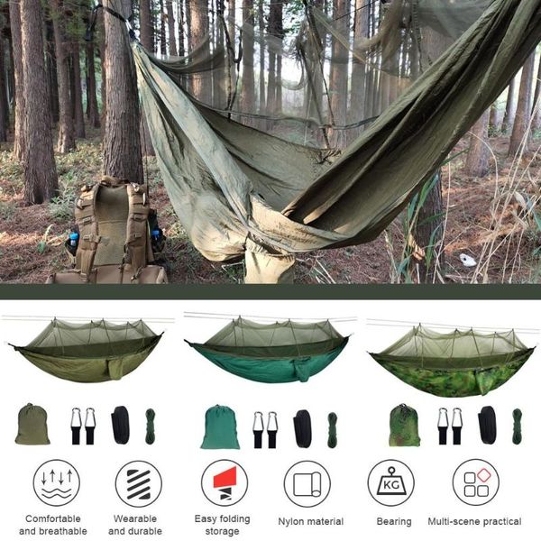 

1-2 person portable outdoor camping hammock with mosquito net high strength parachute fabric hanging bed hunting sleeping swing