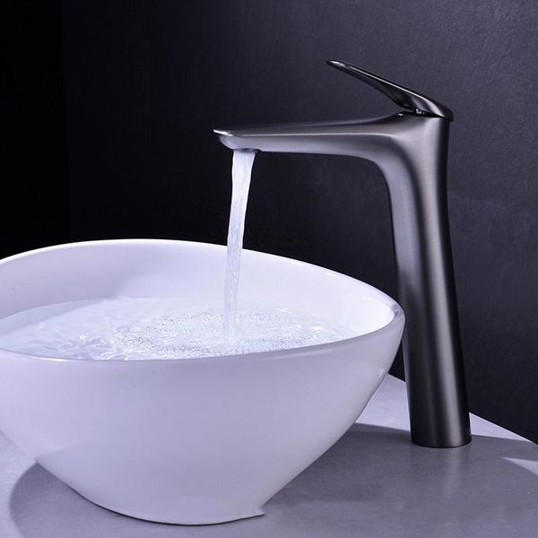 

gun grey bathroom basin faucet solid brass sink mixer & cold single handle deck mount lavatory tap brushed gold new arrival