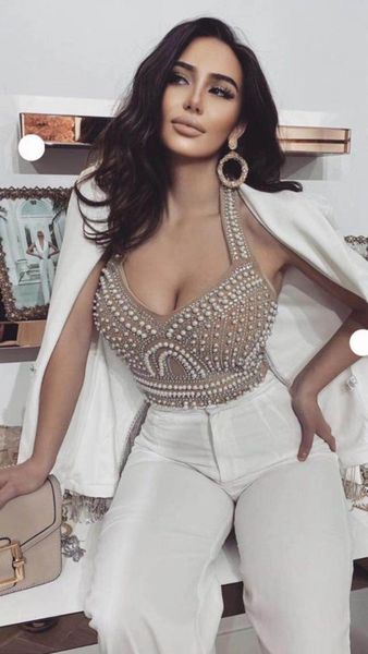 

casual dresses 2021 women black white brown beading two-piece v neck sleeveless bodycon celebrity evening party bandage dress wholesale, Black;gray