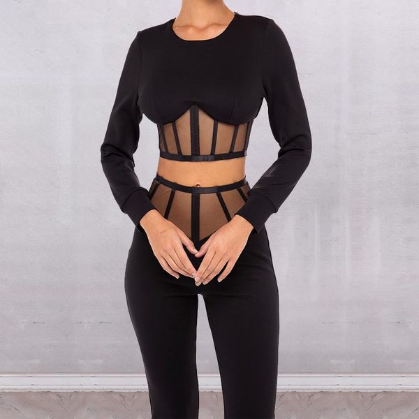 

women's two piece pants sesidy 2021 black bandage pieces sets o neck long sleeve hollow out celebrity evening party club set, White